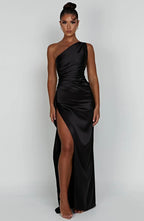 Women's Satin One Shoulder Maxi Dress – High Slit Formal Evening Gown
