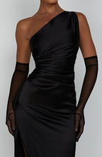 Women's Satin One Shoulder Maxi Dress – High Slit Formal Evening Gown