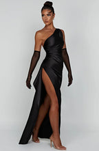 Women's Satin One Shoulder Maxi Dress – High Slit Formal Evening Gown