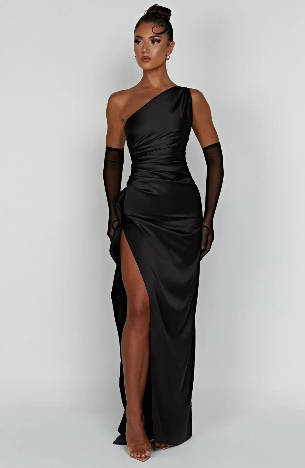 Women's Satin One Shoulder Maxi Dress – High Slit Formal Evening Gown