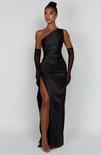 Women's Satin One Shoulder Maxi Dress – High Slit Formal Evening Gown