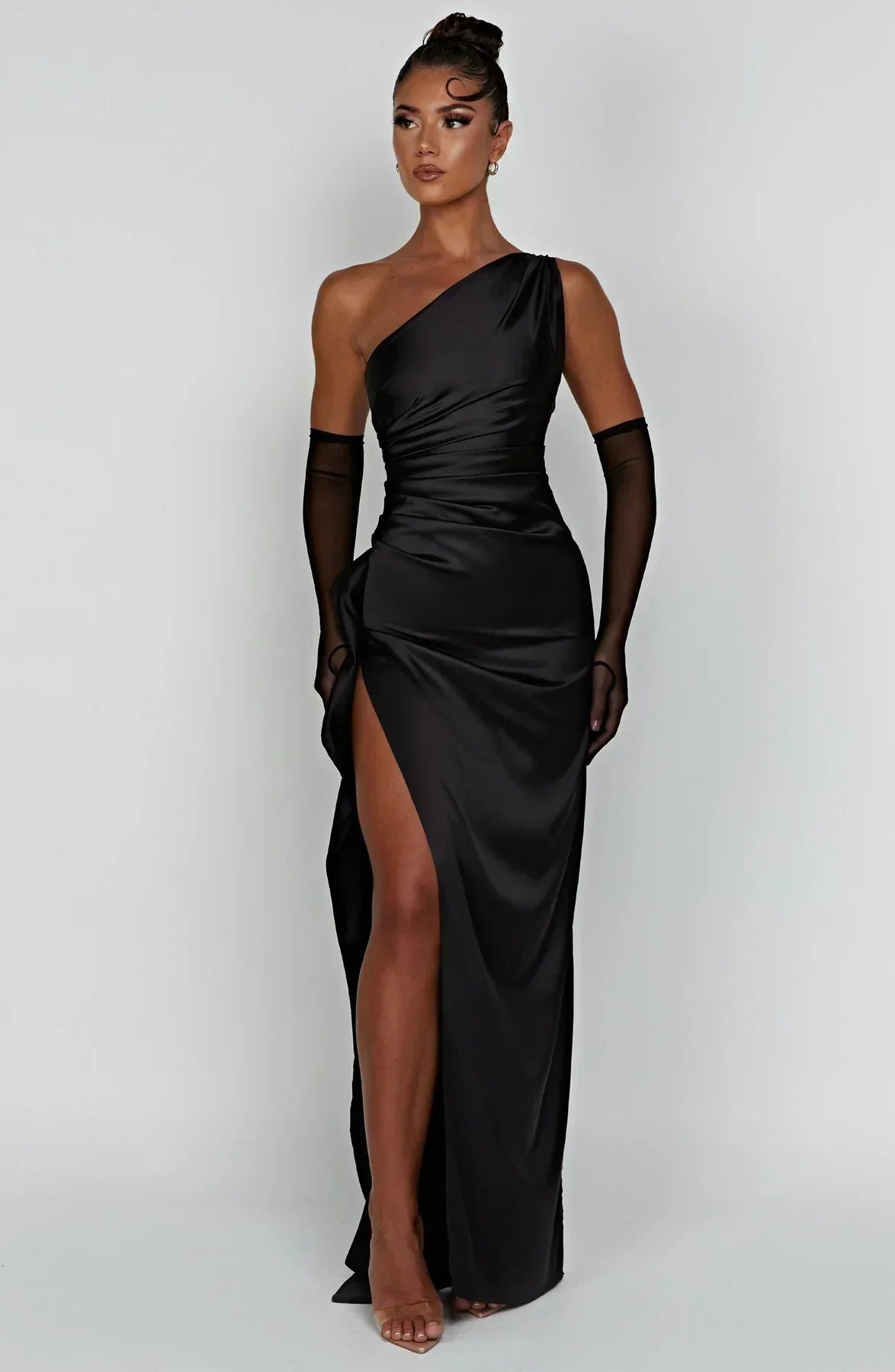 Women's Satin One Shoulder Maxi Dress – High Slit Formal Evening Gown