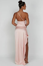Women's Satin One Shoulder Maxi Dress – High Slit Formal Evening Gown