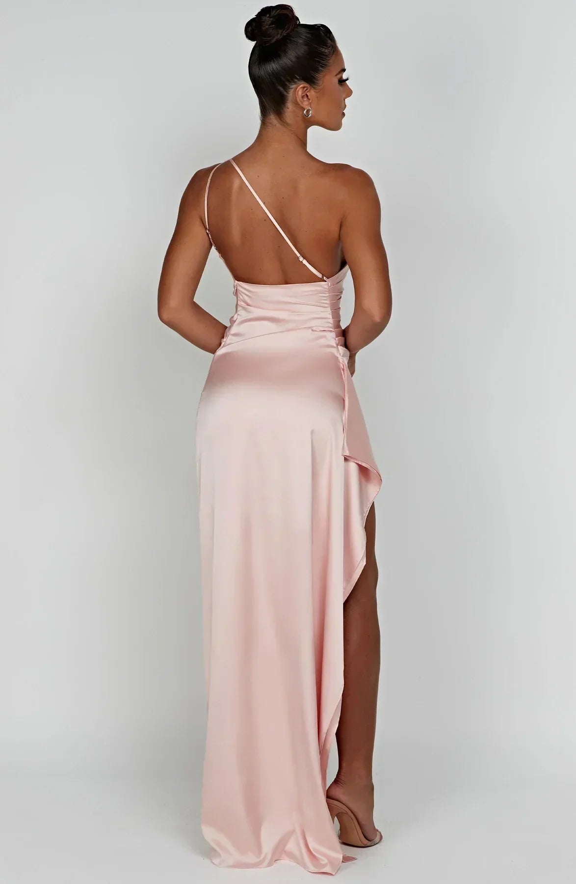 Women's Satin One Shoulder Maxi Dress – High Slit Formal Evening Gown