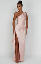 Women's Satin One Shoulder Maxi Dress – High Slit Formal Evening Gown