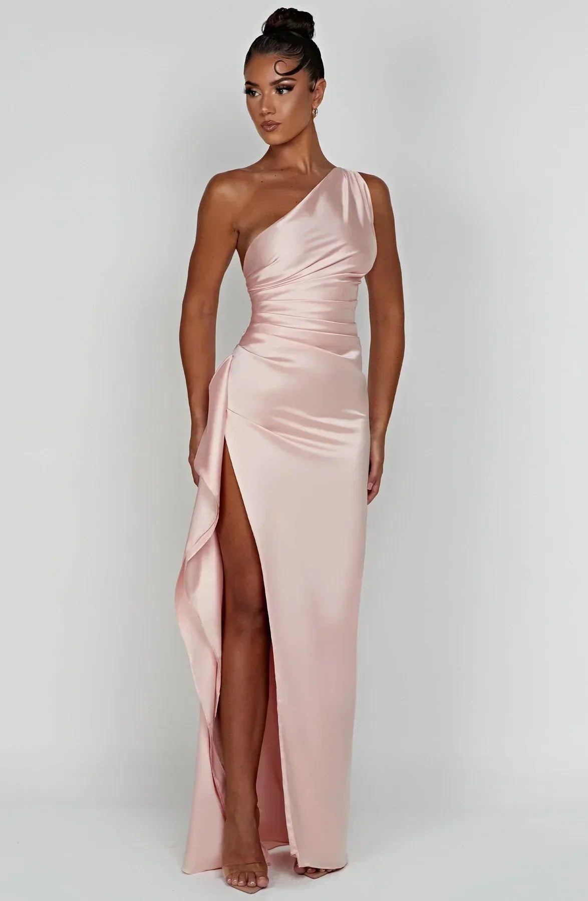 Women's Satin One Shoulder Maxi Dress – High Slit Formal Evening Gown