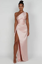 Women's Satin One Shoulder Maxi Dress – High Slit Formal Evening Gown