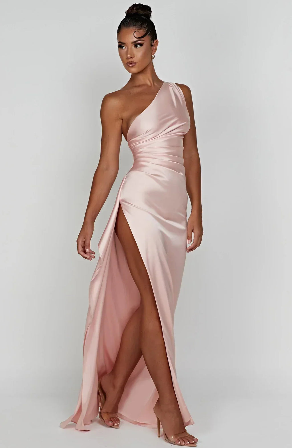 Women's Satin One Shoulder Maxi Dress – High Slit Formal Evening Gown