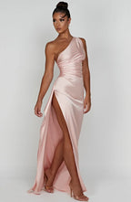 Women's Satin One Shoulder Maxi Dress – High Slit Formal Evening Gown