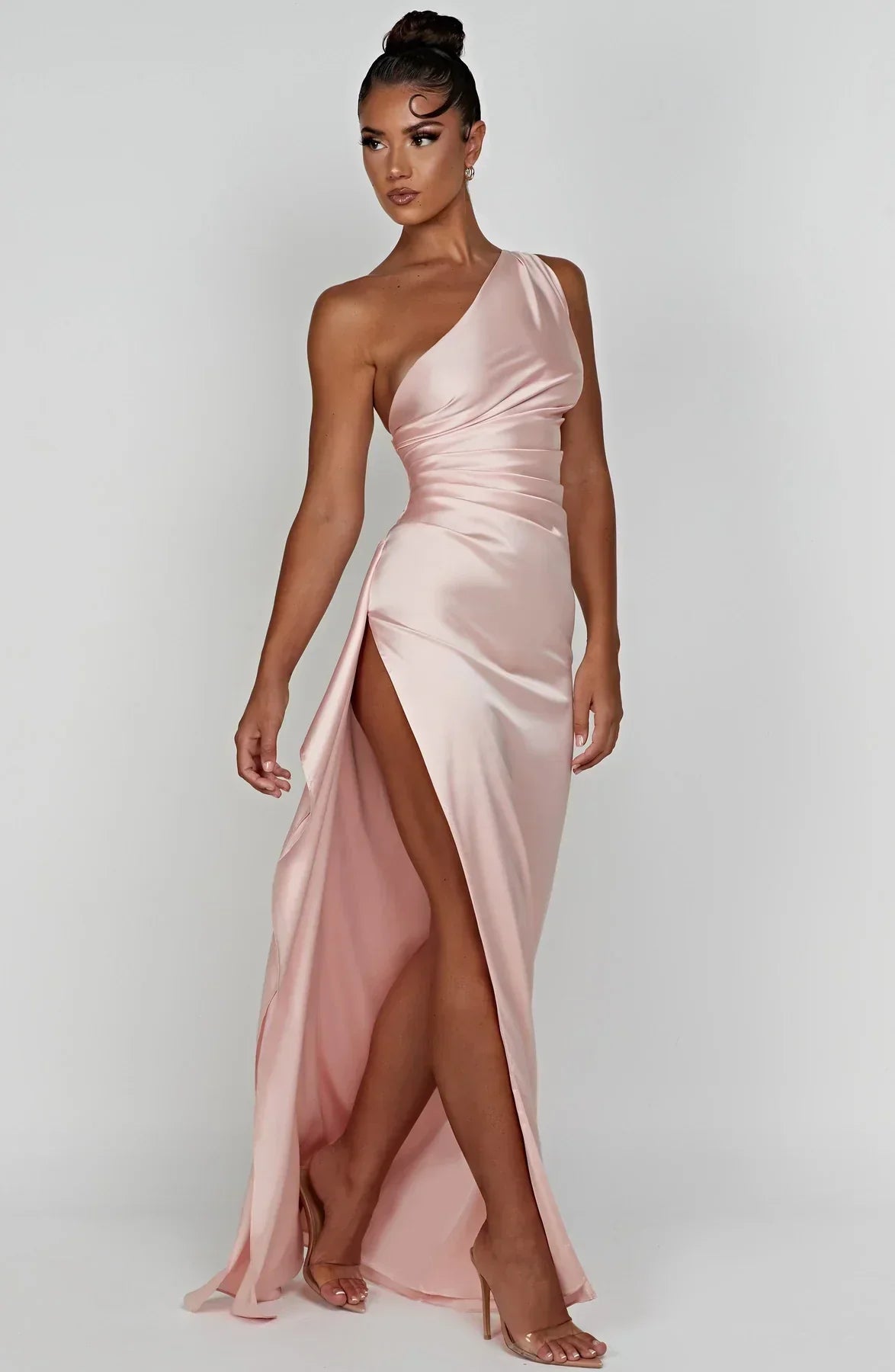 Women's Satin One Shoulder Maxi Dress – High Slit Formal Evening Gown