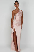 Women's Satin One Shoulder Maxi Dress – High Slit Formal Evening Gown