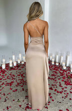 Women's Satin One Shoulder Maxi Dress – High Slit Formal Evening Gown