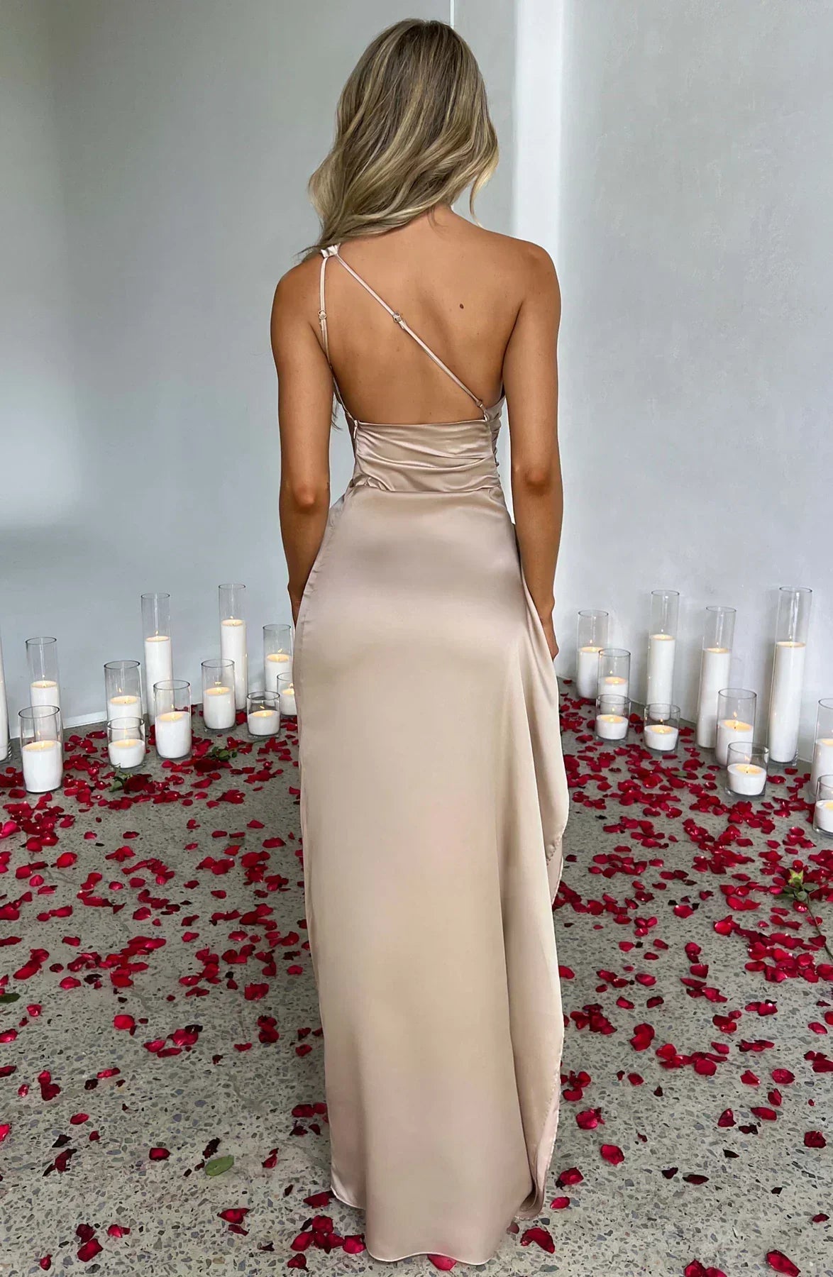 Women's Satin One Shoulder Maxi Dress – High Slit Formal Evening Gown