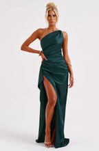 Women's Satin One Shoulder Maxi Dress – High Slit Formal Evening Gown