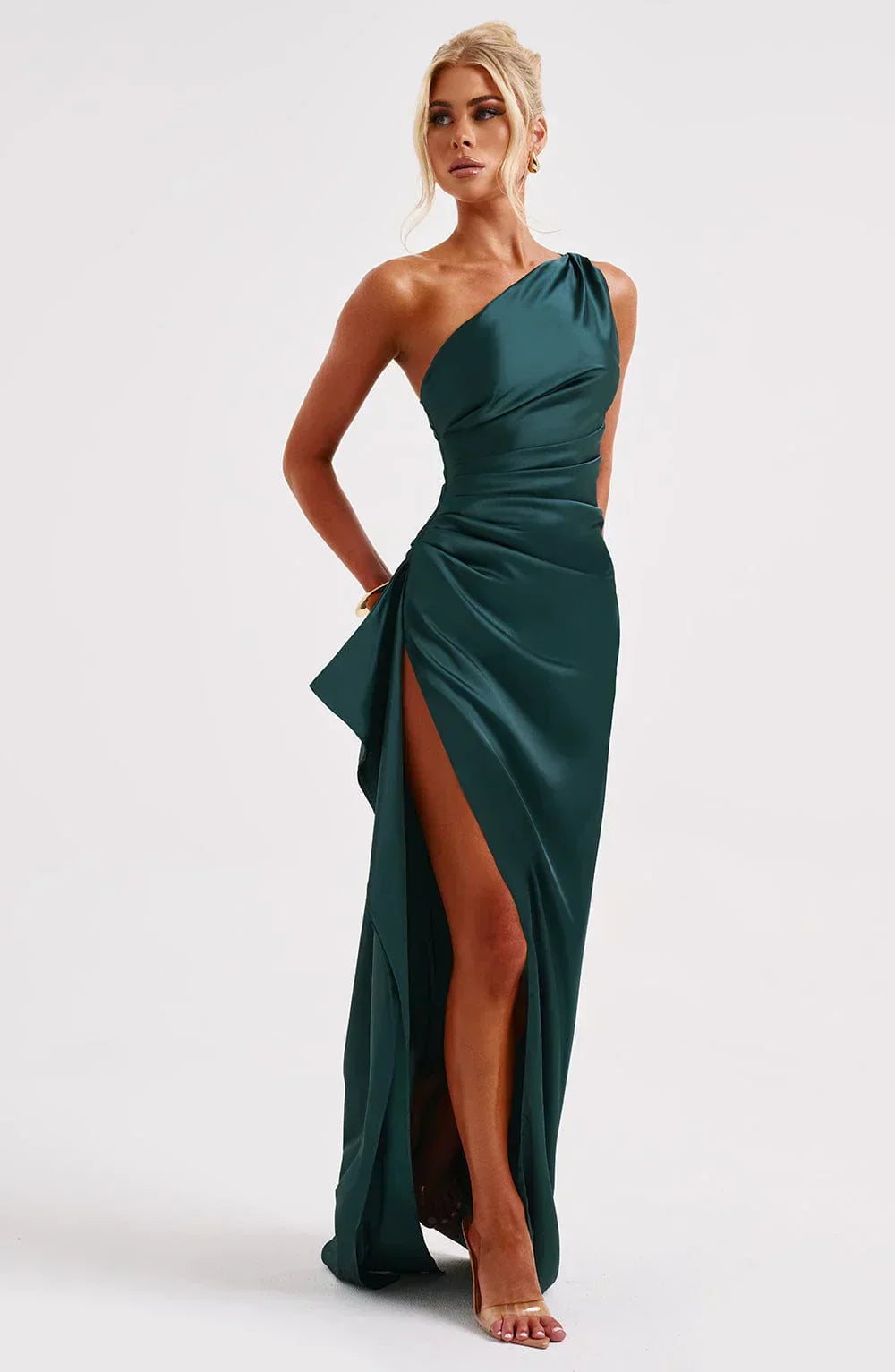 Women's Satin One Shoulder Maxi Dress – High Slit Formal Evening Gown