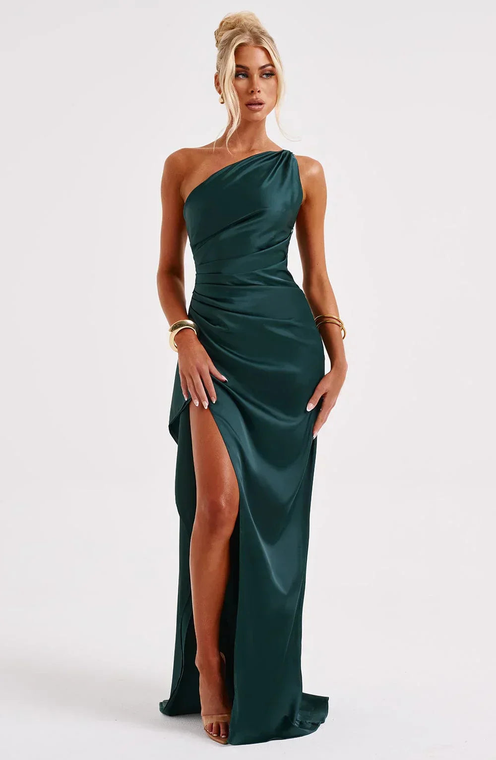 Women's Satin One Shoulder Maxi Dress – High Slit Formal Evening Gown