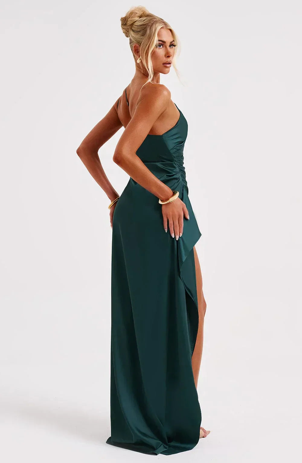 Women's Satin One Shoulder Maxi Dress – High Slit Formal Evening Gown