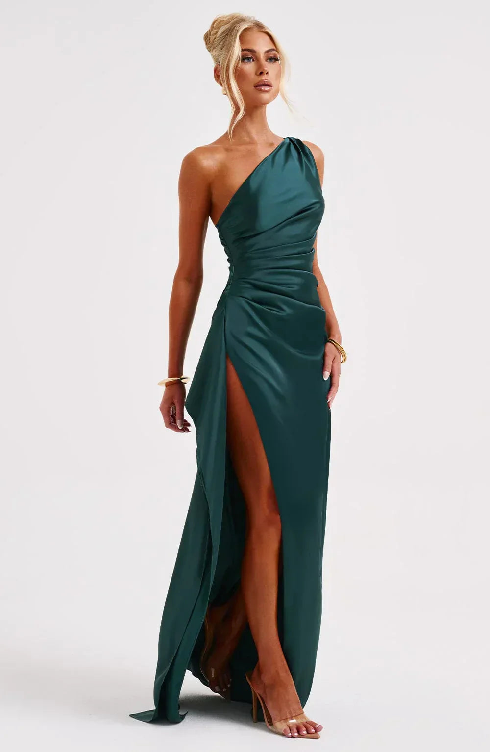 Women's Satin One Shoulder Maxi Dress – High Slit Formal Evening Gown