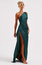 Women's Satin One Shoulder Maxi Dress – High Slit Formal Evening Gown