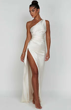 Women's Satin One Shoulder Maxi Dress – High Slit Formal Evening Gown