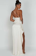 Women's Satin One Shoulder Maxi Dress – High Slit Formal Evening Gown