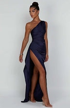 Women's Satin One Shoulder Maxi Dress – High Slit Formal Evening Gown