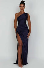 Women's Satin One Shoulder Maxi Dress – High Slit Formal Evening Gown