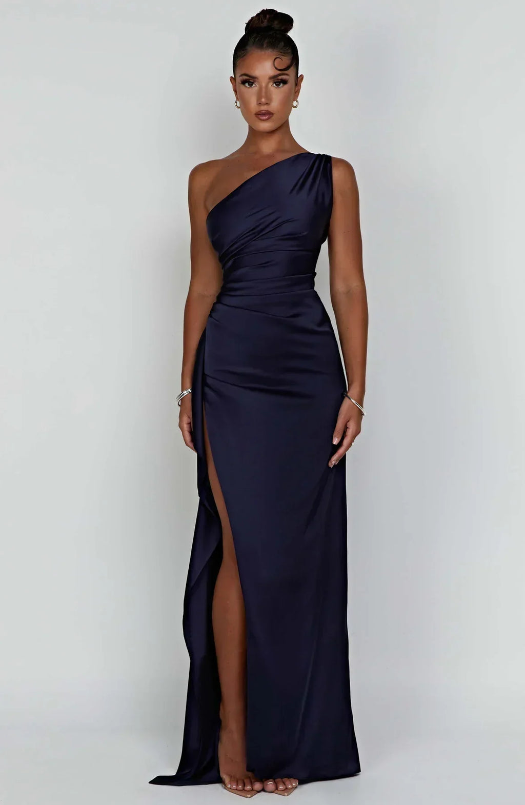Women's Satin One Shoulder Maxi Dress – High Slit Formal Evening Gown