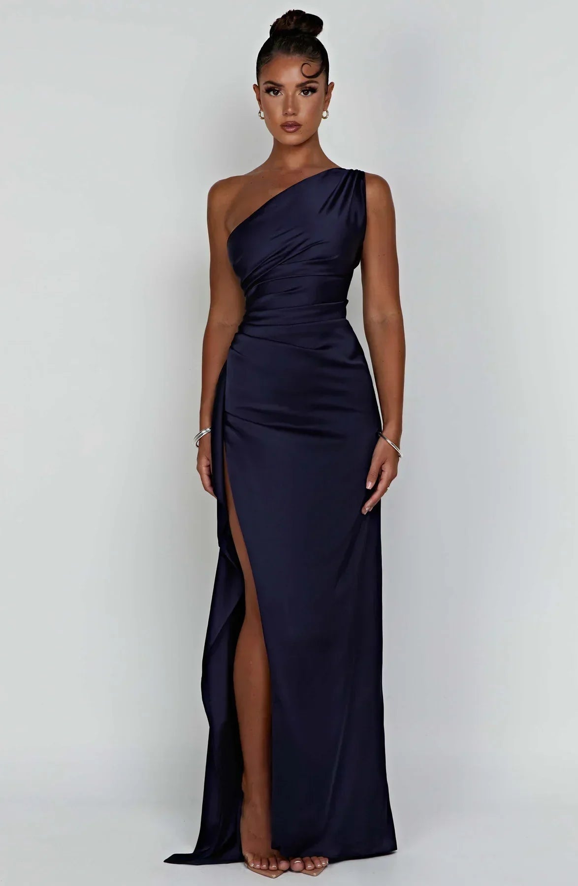 Women's Satin One Shoulder Maxi Dress – High Slit Formal Evening Gown