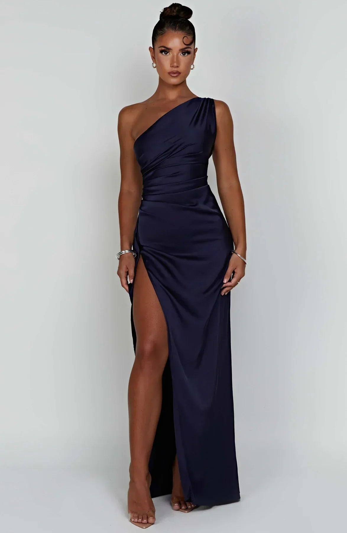 Women's Satin One Shoulder Maxi Dress – High Slit Formal Evening Gown