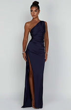 Women's Satin One Shoulder Maxi Dress – High Slit Formal Evening Gown