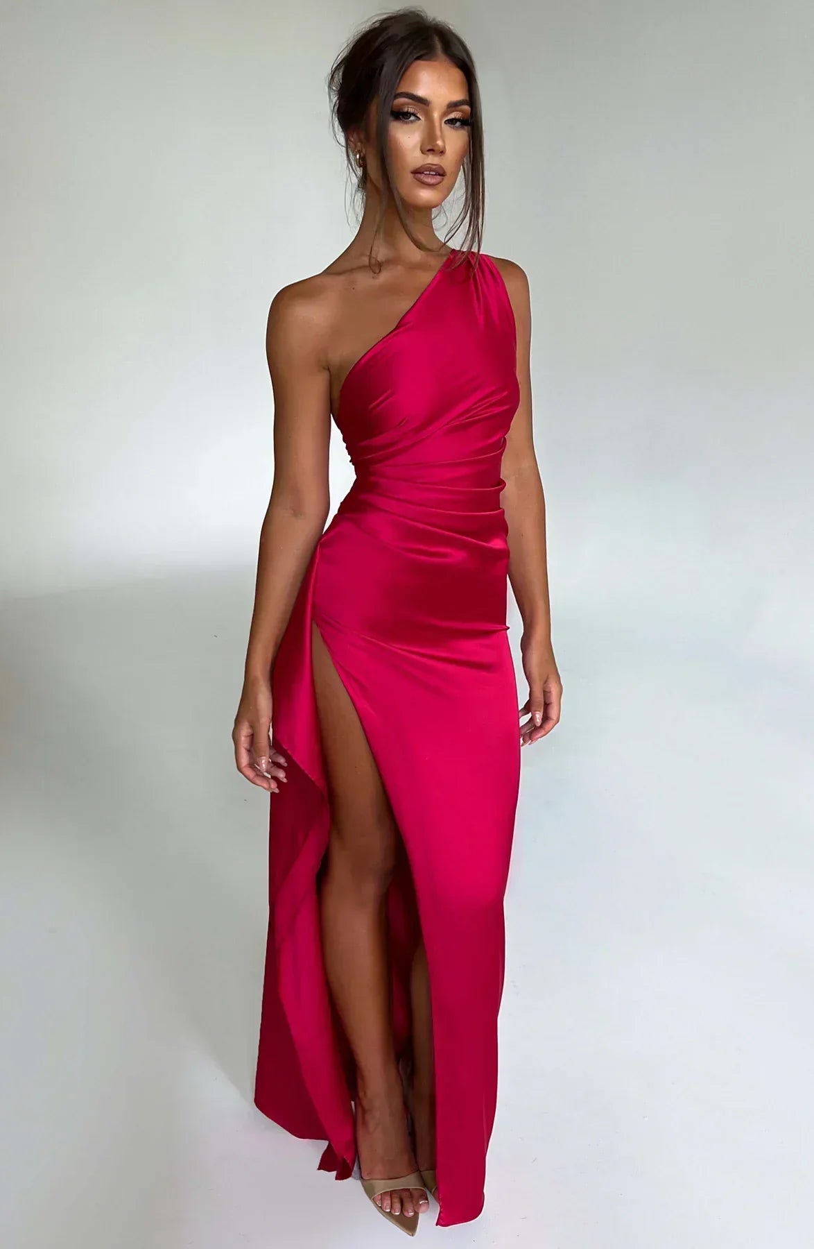 Women's Satin One Shoulder Maxi Dress – High Slit Formal Evening Gown