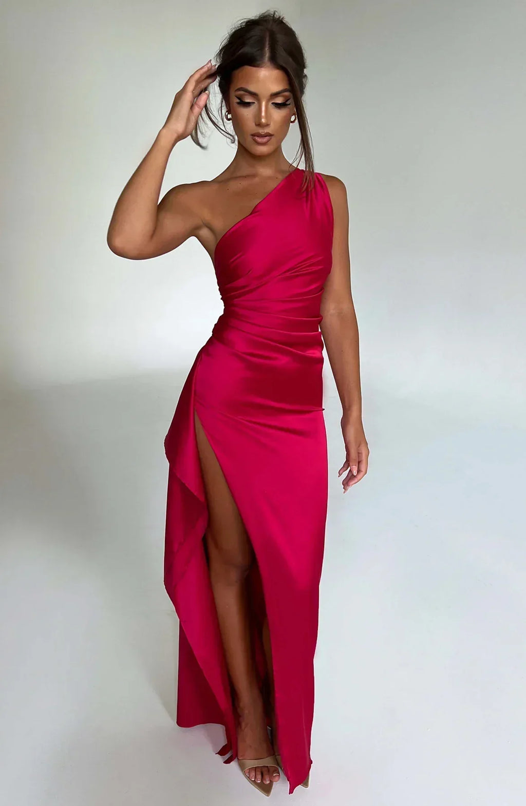 Women's Satin One Shoulder Maxi Dress – High Slit Formal Evening Gown