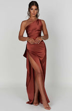 Women's Satin One Shoulder Maxi Dress – High Slit Formal Evening Gown