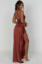 Women's Satin One Shoulder Maxi Dress – High Slit Formal Evening Gown