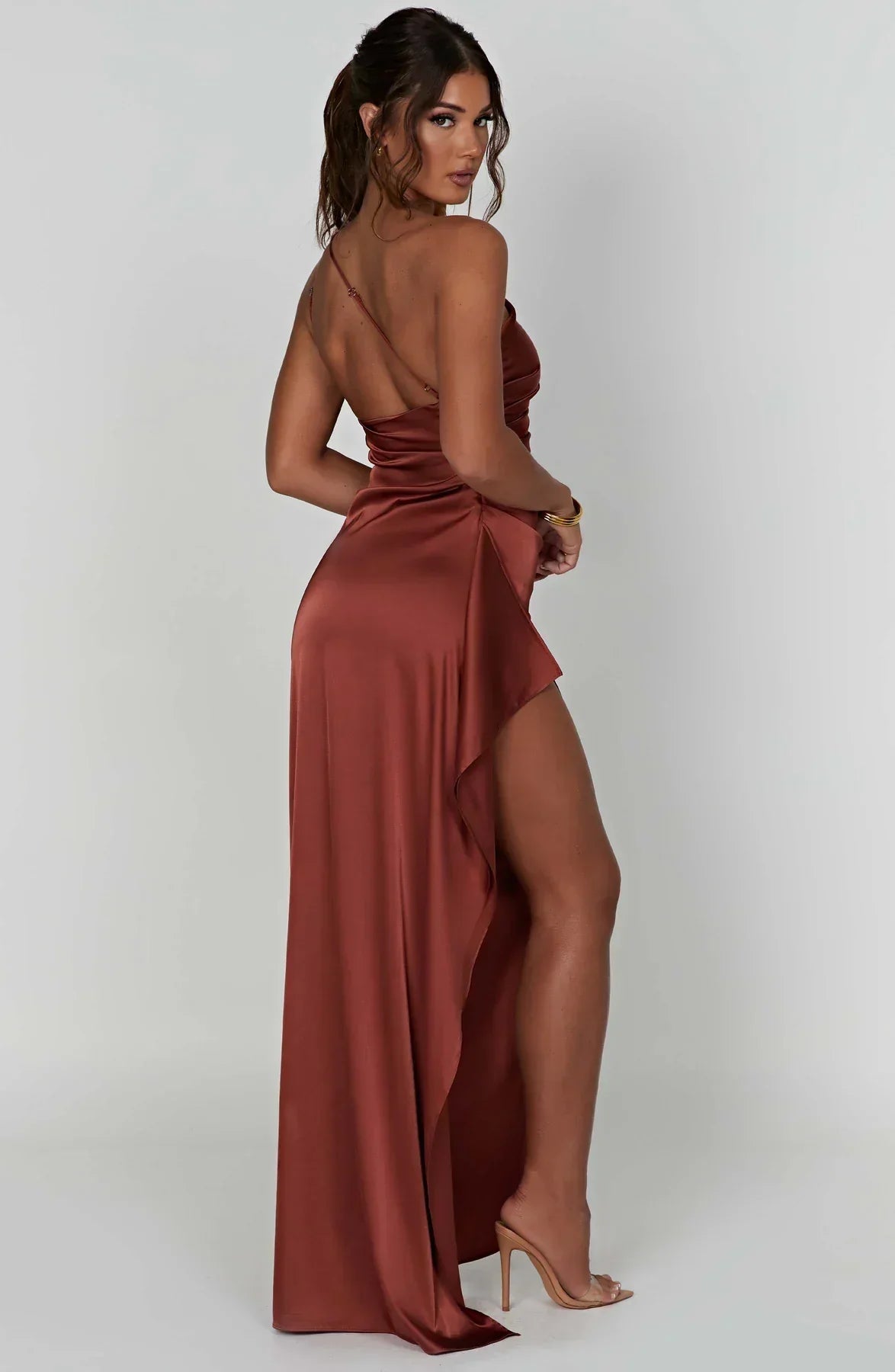 Women's Satin One Shoulder Maxi Dress – High Slit Formal Evening Gown