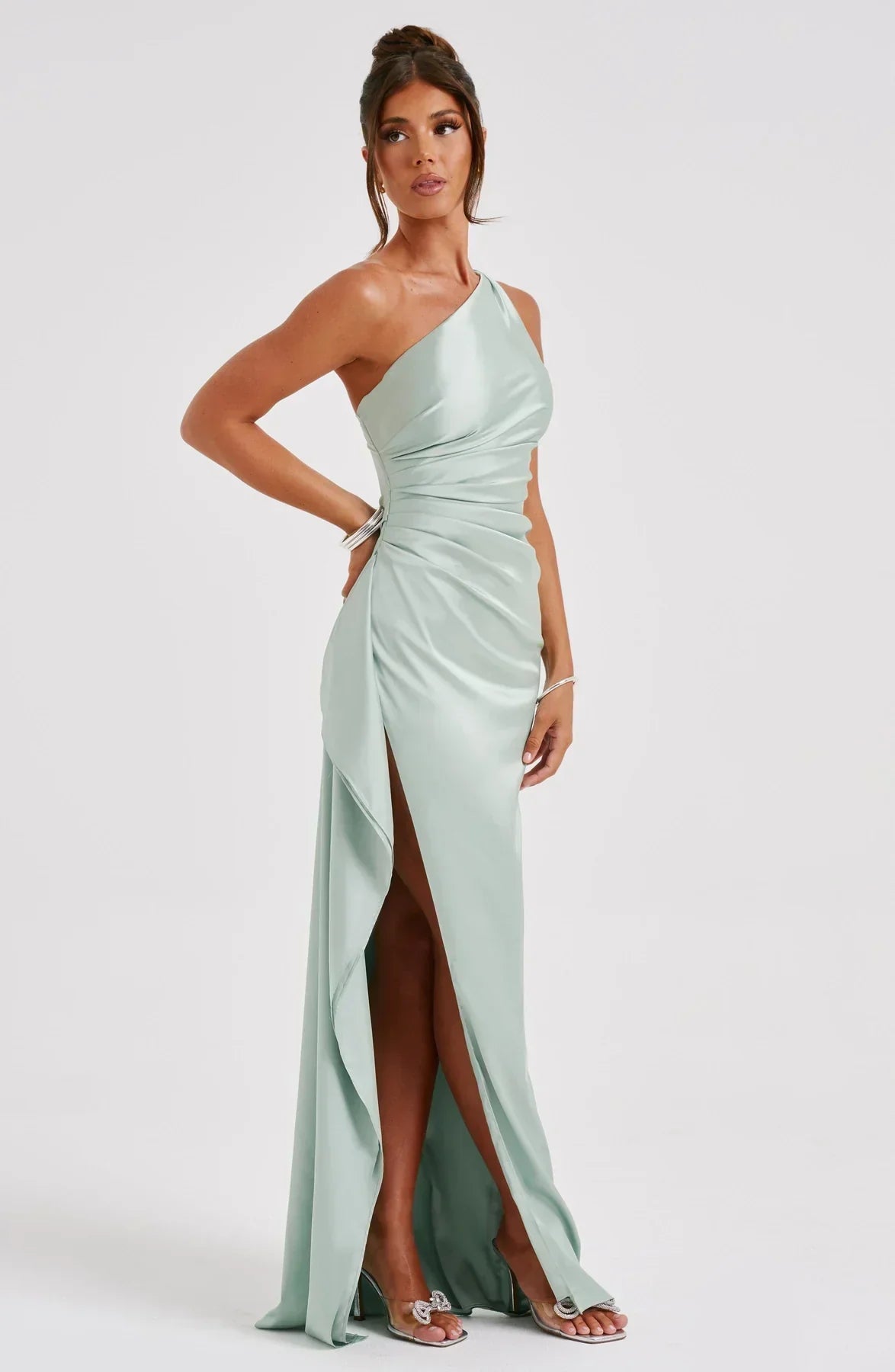 Women's Satin One Shoulder Maxi Dress – High Slit Formal Evening Gown