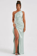 Women's Satin One Shoulder Maxi Dress – High Slit Formal Evening Gown