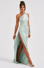 Women's Satin One Shoulder Maxi Dress – High Slit Formal Evening Gown