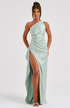 Women's Satin One Shoulder Maxi Dress – High Slit Formal Evening Gown
