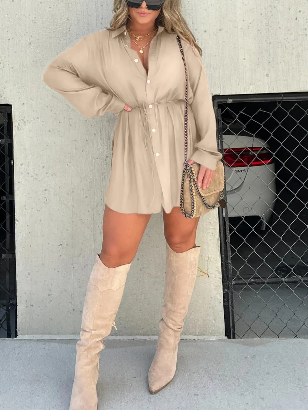 Women's Romper Dress – Belted Mini Dress with Built-In Shorts