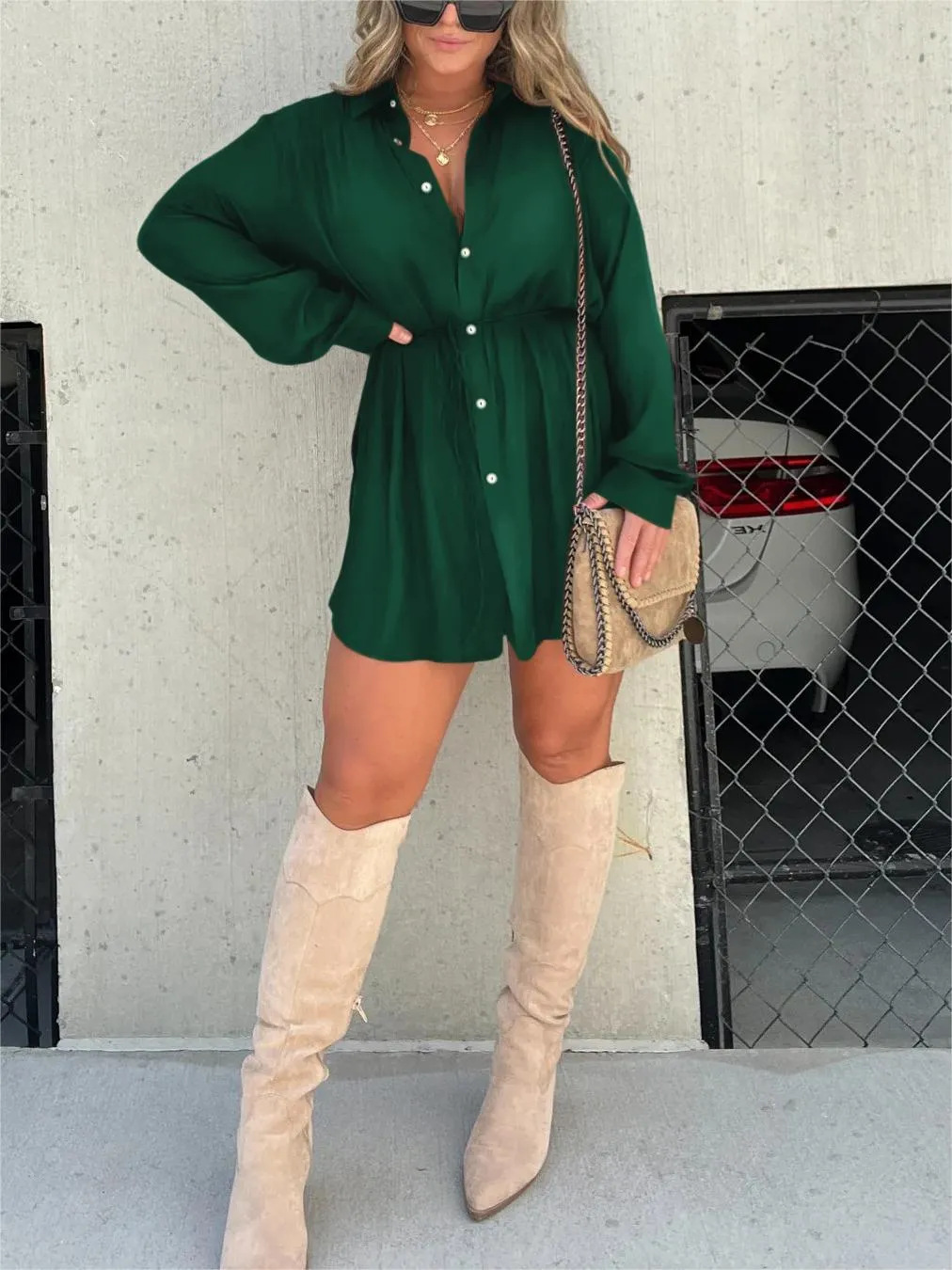 Women's Romper Dress – Belted Mini Dress with Built-In Shorts