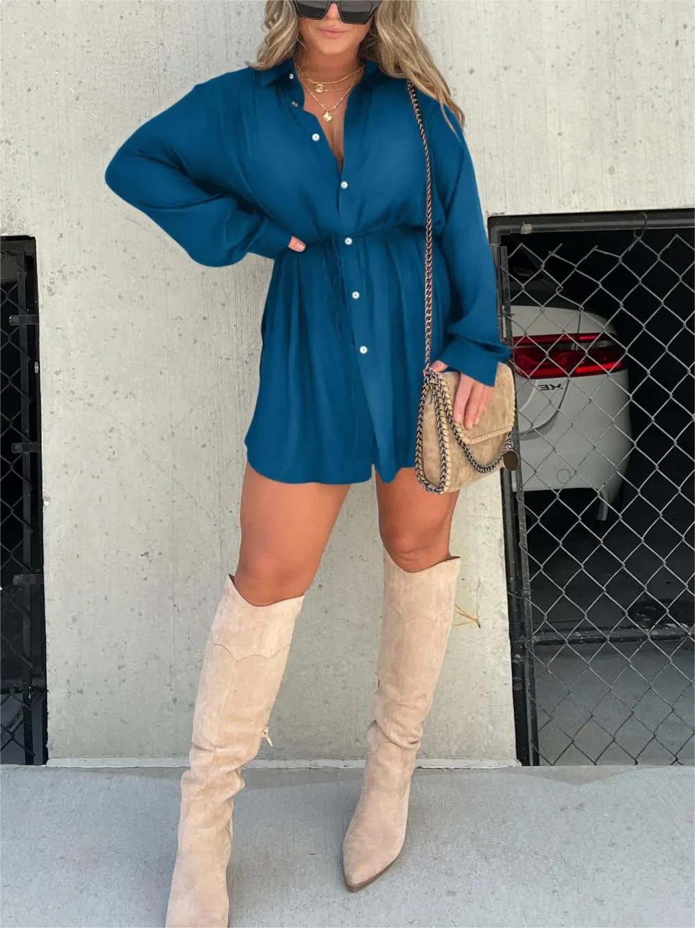 Women's Romper Dress – Belted Mini Dress with Built-In Shorts