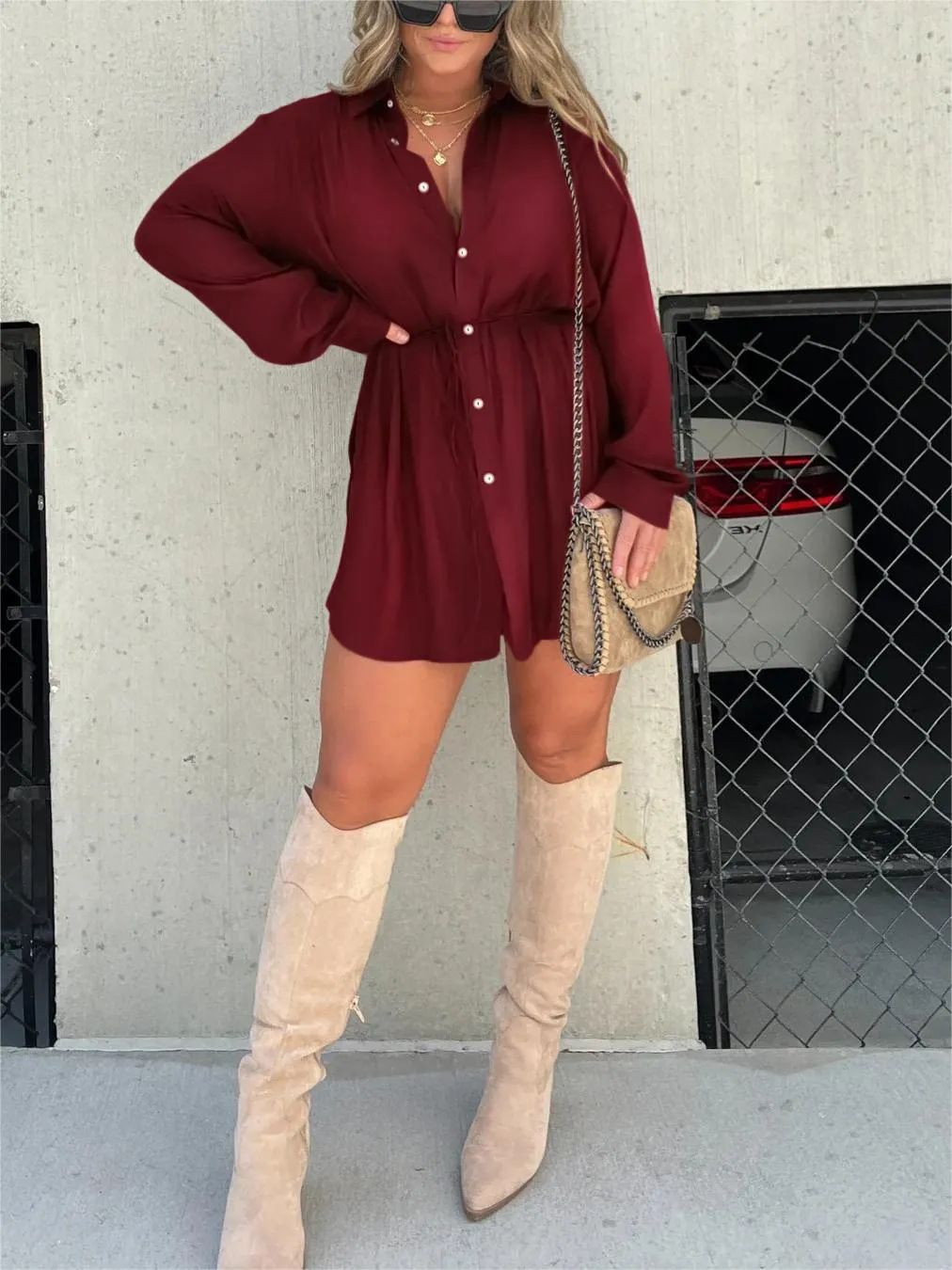 Women's Romper Dress – Belted Mini Dress with Built-In Shorts