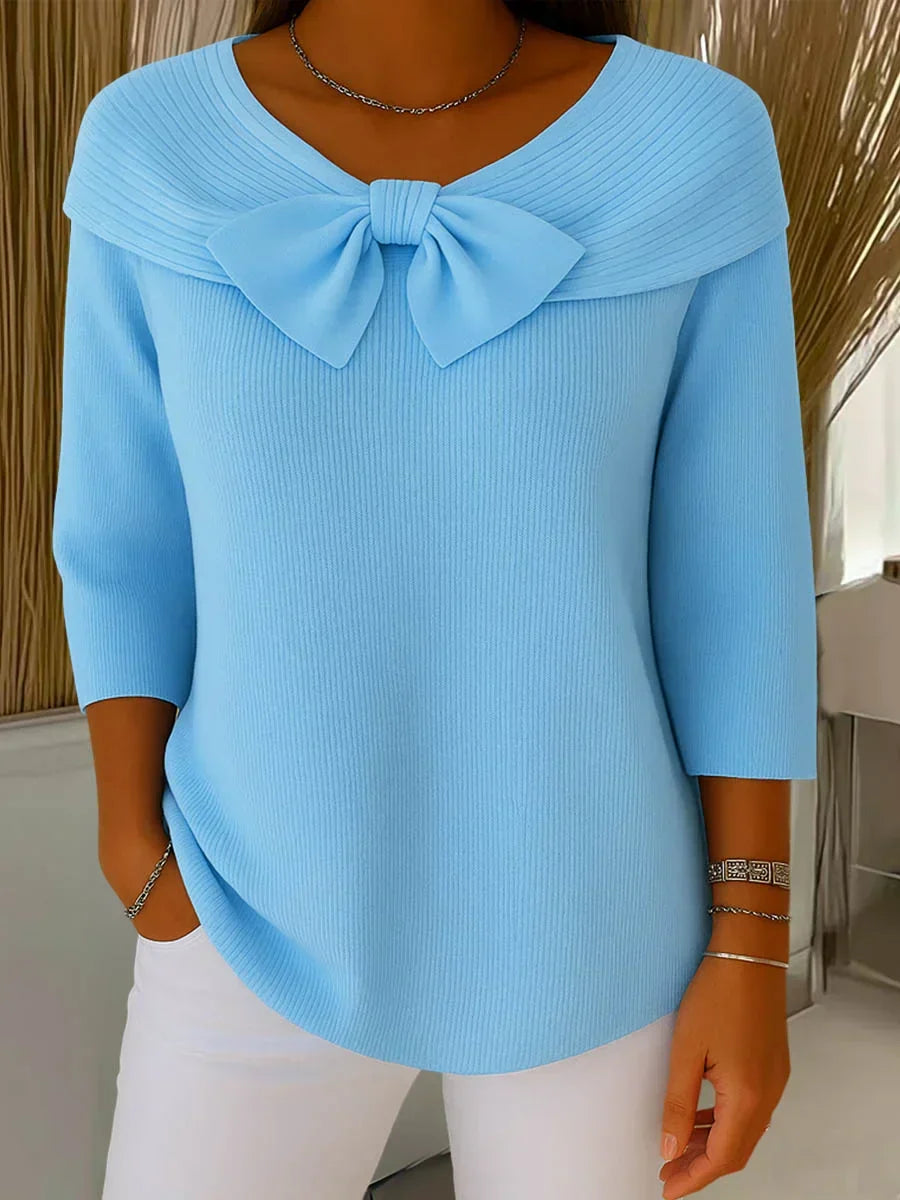 Women's Bow Detail Knit Top – Fitted Long Sleeve Dressy Top