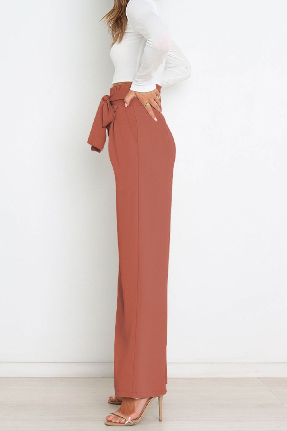 Women's Paperbag Waist Trousers – High Waist Bow Detail Wide Leg Pants