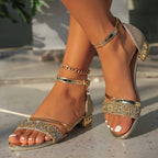 Women's Flat Sandals with Rhinestone Details and Adjustable Strap