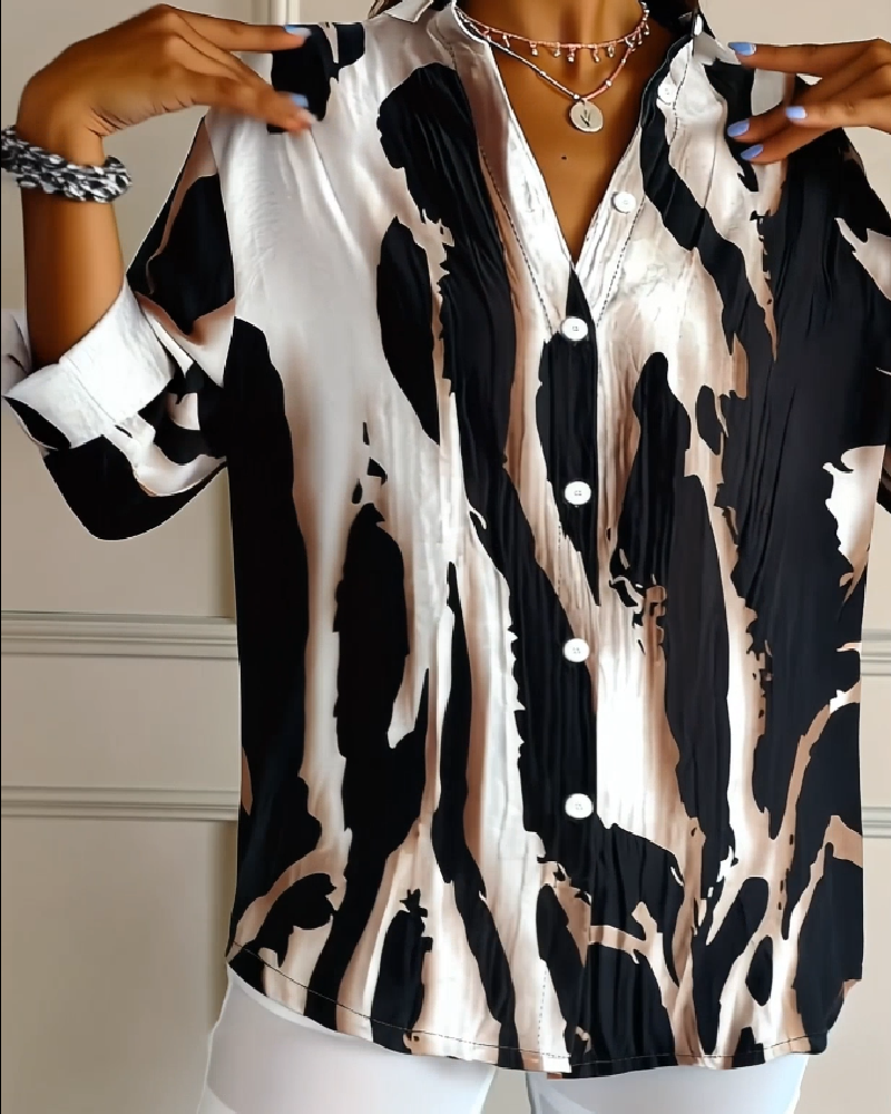 Women's Printed Stand Collar Blouse – Asymmetrical Long Sleeve Blouse