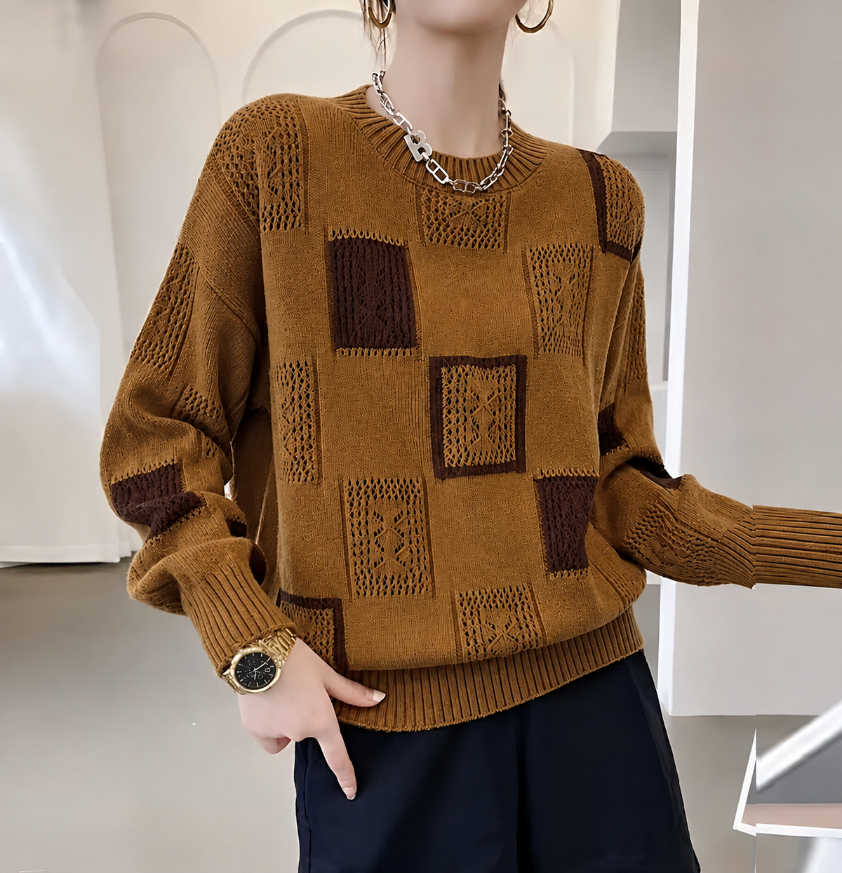 Women's Patchwork Sweater – Patterned Long Sleeve Knit Pullover