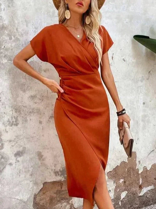 Women's V-Neck Wrap Midi Dress – Side Cutout Cocktail Occasion Dress